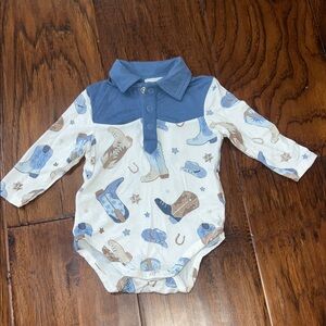 Angel Dear Blue and Cream Cowboy Print Bodysuit
